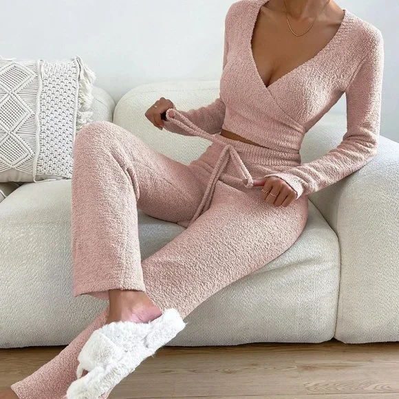 Baby Pink Preppy Womens Surplice Neck Crop Sweater & Drawstring Waist Knit Pants - Picture 1 of 5